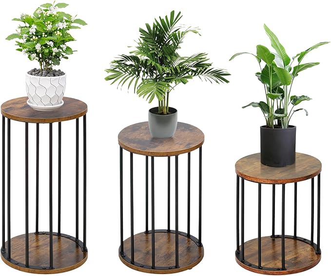 Plant Stand Indoor,small plant stool,Flower Pot Corner stand holder,Mid Century Heavy Duty Metal Tall Home Decor,Modern Round End Table,Small Rustic Display Stand for Living Room,Bedroom (Brown,3 Packs)