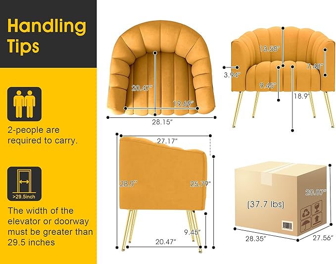 Oversized Pumpkin Couch Accent Chair, Modern Comfy Velvet Upholstered Barrel Chairs, Luxury Single Sofa Armchair for Living Room, Waiting Room, Office and Vanity, (Mustard)