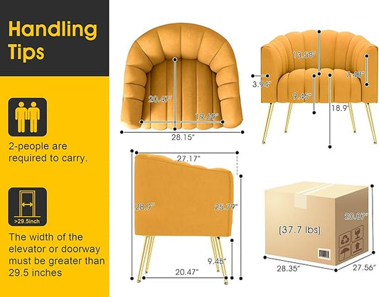 Oversized Pumpkin Couch Accent Chair, Modern Comfy Velvet Upholstered Barrel Chairs, Luxury Single Sofa Armchair for Living Room, Waiting Room, Office and Vanity, (Mustard)