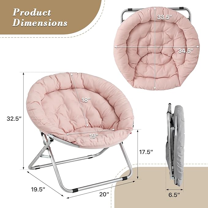 Athena Collection Comfy Saucer Chair, Folding Oversized Cozy Chair for Bedroom Living Room Fabric Reading Chair, Foldable Metal Frame Round Lazy Chair Moon Chair for Adult Set of 2, Pink