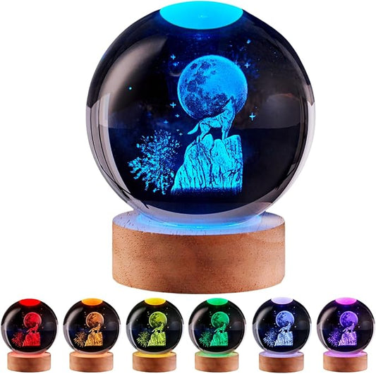 Wolf Crystal Ball Lamp with LED Wooden Base, 16 Colors Change & Remote Control Moon Crystal Ball Night Light, Upgraded 3.15 Inch Glass Light, Gift for Kids Wife Girlfriend (Wolf)