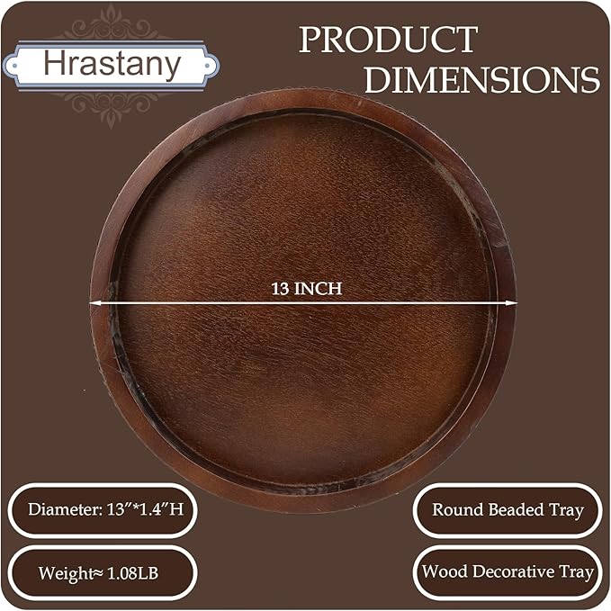 Wood Decorative Serving Tray with Bead, Round Vintage Wooden Ottoman Tray for Home Centerpiece, Counter Organizer, 13” Circle Tray for Kitchen, Living Room (Dark Brown)