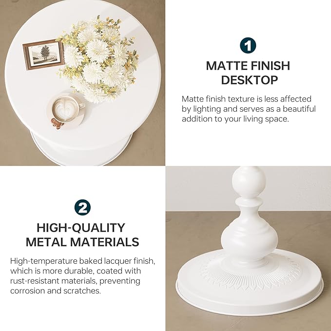 Metal Round Side Table, Small Drink Table for Small Spaces, Matte Modern Accent End Tables Coffee Tables, Pedestal Tables for Living Room, Bedroom, Corners, and Office, 21'' Height (White)