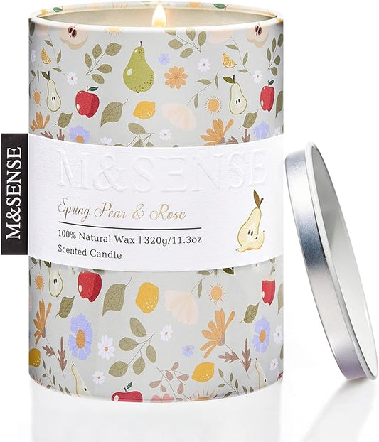 M&SENSE Spring Pear Rose Scented Candle, Medium Jar Candle 11.3oz Natural Soy Wax for Home Scented, Floral Candles Gift for Spring Holiday, Up to 70 Hours Burning Long-Lasting Fragrance