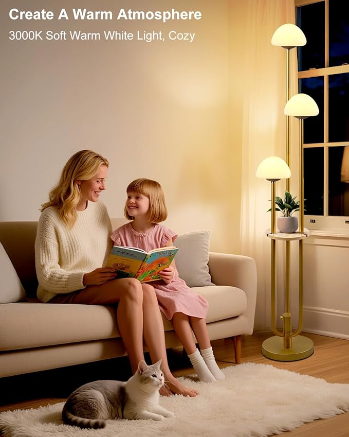 Lightdot Gold Dimmable Floor Lamp with Table, Modern Floor Lamps for Living Room, 3000K Warm Lights Tall Standing Lamp with Mushroom Shades & Bulbs for Bedroom/Office