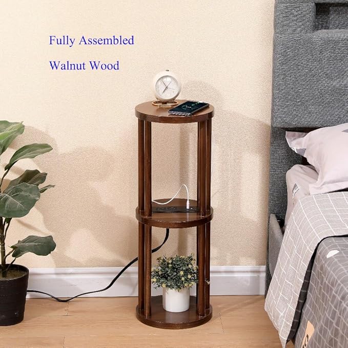 9 x25 Fully Assembled Walnut Wood Round Drink Table with Charging Station, Mid-Century Modern Circle Wood Accent Pedestal Table for Living Room or Small Bedroom Nightstand