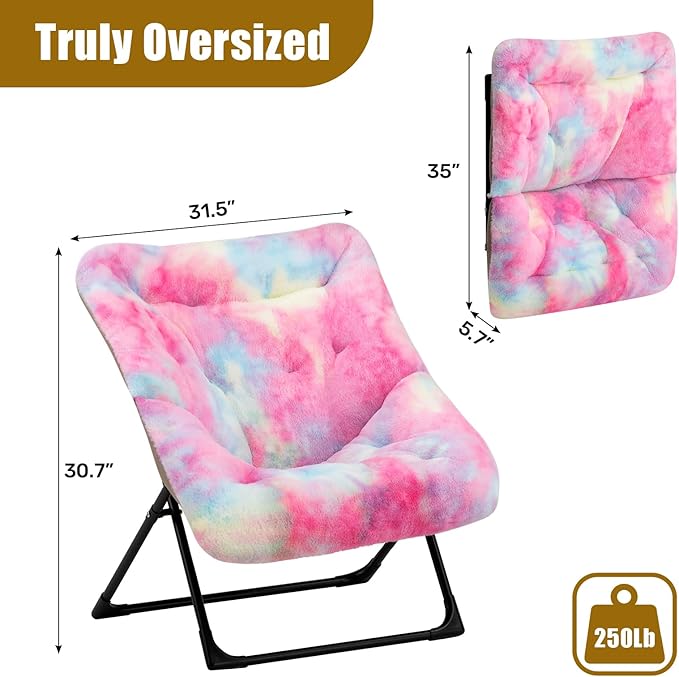HollyHOME X-Large Saucer Chair, Comfy Oversized Folding Chair, Faux-Fur Reading Chair for Teens, Adults, Foldable Accent Lazy Chair, Metal Frame Lounge Chair for Living Room, Bedroom, Dorm, Colorful