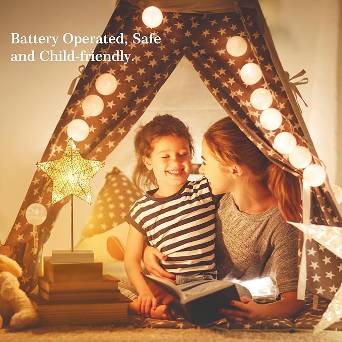 Lewondr Decorative Table Lamp, Christmas Star Night Lamp Winding Cotton Thread Warm LED Light Lamp for Bedroom, Battery Operated Lamp for Tables Cordless Xmas Home Romantic Bedside Table Lamp, White