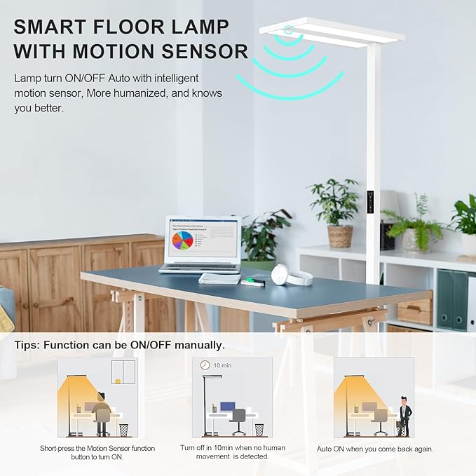 STERREN 76'' Motion Sensor Floor Lamp, 105W Modern LED Floor Lamp, Smart Full-Spectrum Office Standing Lamp, 8400LM Bright Reading Lamp for Study Room,Living Room,Bedroom, 2700K-5000K Dimmable