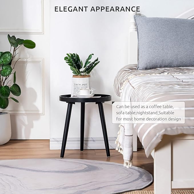 Apicizon Black Round Side Table Set of 2, Tray Nightstand Sofa Coffee End Table for Living Room, Bedroom, Small Spaces, Easy Assembly Bedside Table, 15 x 18 Inches, Black