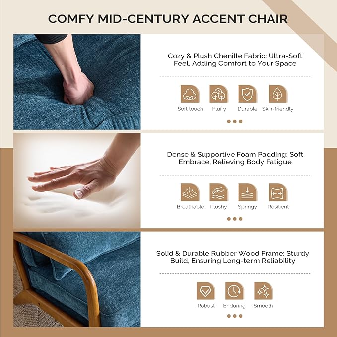 VINGLI Chenille Mid-Century Modern Accent Chair Set of 2, Cute Reading Arm Chair with Cushion & Lumbar Pillow & Solid Wood Frame for Lounge, Living Room, Reading Room, Bedroom, Blue