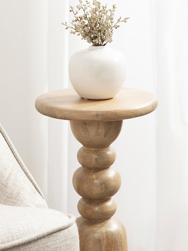 Kate and Laurel Tirollo Modern Round Drink Table; 10 x 10 x 22; Natural Wood; Living Room Accent Pedestal Table with Turned Base for Use as Indoor Plant Stand