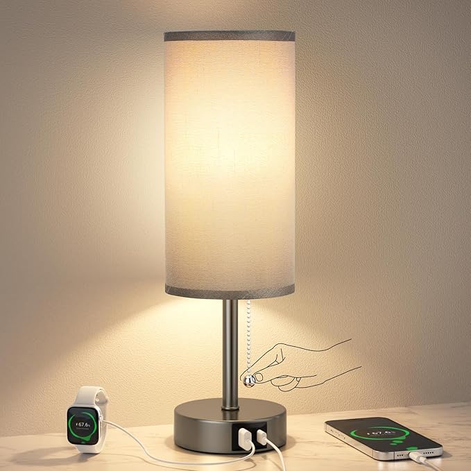 Grey Bedside Lamp for Bedroom Nightstand - Small Table Lamp with USB A + C Charging Port, 3 Color Temperatures Pull Chain Night Stand Light, Side Table Desk Reading Lamp for Living Room/Study Room