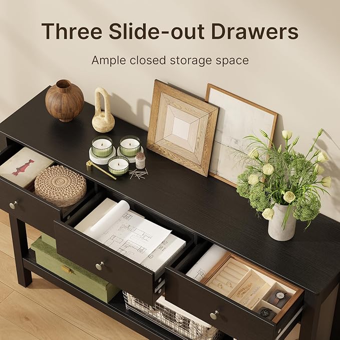 Gizoon 3 Drawer Wooden Sofa Table with Open Shelf, Modern Accent Console Table with Metal Round Handles, Large Storage Space, for Living Room, Front Hall, Entrance Hall, Study Room, Black