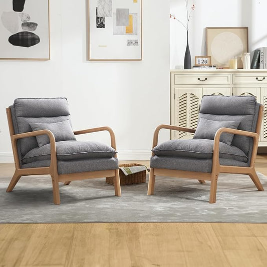 INZOY Accent Chairs Set of 2, Mid Century Modern Accent Chair with Wood Frame, Upholstered Reading Armchair with Waist Cushion, Side Chair for Living Room Bedroom Office, Easy Assembly, Grey