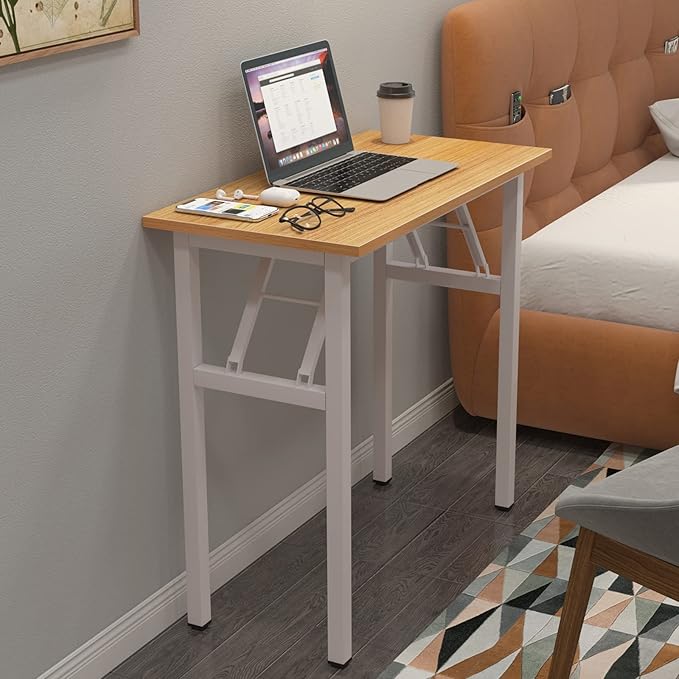 DlandHome Folding Desk Small Desk 31.5 inches Computer Desk for Home Office Folding Table Writing Table for Small Spaces No Assembly Required Teak & White Frame