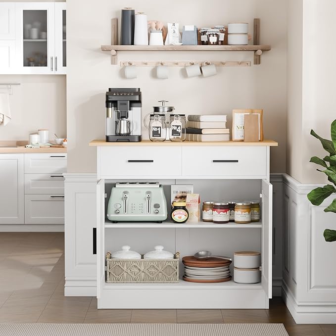 Buffet Cabinet with Storage - Buffets & Sideboards Kitchen Storage Cabinet, Wood Console Table Coffee Bar Accent Cabinets for Living Room Dining Room Entryway Small 2 Doors & Drawers, White 35.4"W