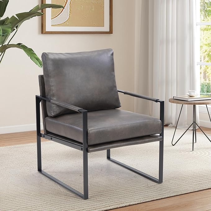 INZOY Mid Century Modern Accent Chair with Removable Cushions, Comfy PU Leather Living Room Chairs with Thicker Backrest and Cushion, Metal Frame Design, Dark Grey
