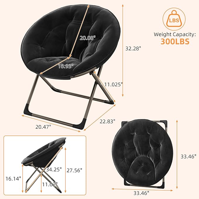 IDEALHOUSE Comfy Folding Padded Saucer Chair, Folding Circle Chair with Metal Frame, Soft Moon Chair for Bedroom, Dorm Rooms, Apartments, Lounging, Garden and Courtyard, Black