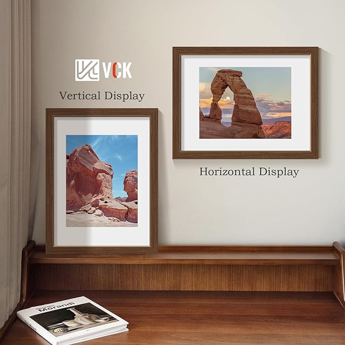 VCK 12x16 Picture Frame 5 Pack - Brown, High-End Wood Poster Frames with Tempered Glass, Display 8.5x11 Photo with Mat or 12x16 without Mat, Art Gallery-Quality, Wall Hanging, Brown