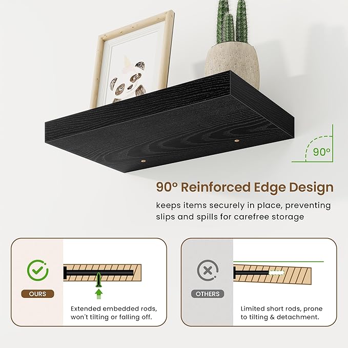 16in Floating Shelves for Wall, 16"W x 9.25"D x 1.25"H, 2 Pack Long Wall Mounted Engineered Wood Shelves with Invisible Brackets for Living Room, Bedroom, Bathroom, Kitchen Decor and Storage, Black