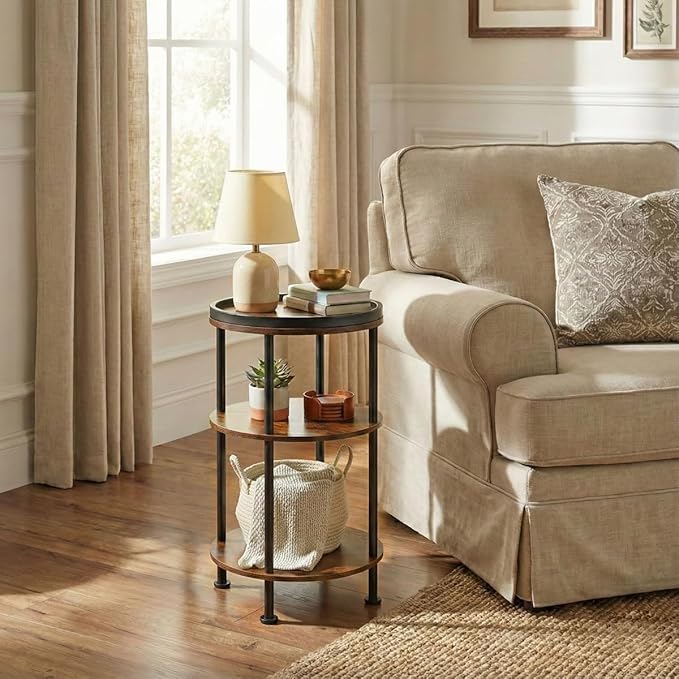 Small Round Side Table with Tray Top (Patented Design), 11.8" Narrow End Table for Small Spaces, 3-Tier Industrial Nightstand, Original Rustic Accent Furniture for Living Room Bedroom, Rustic Brown