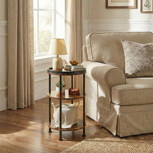 Small Round Side Table with Tray Top (Patented Design), 11.8" Narrow End Table for Small Spaces, 3-Tier Industrial Nightstand, Original Rustic Accent Furniture for Living Room Bedroom, Rustic Brown