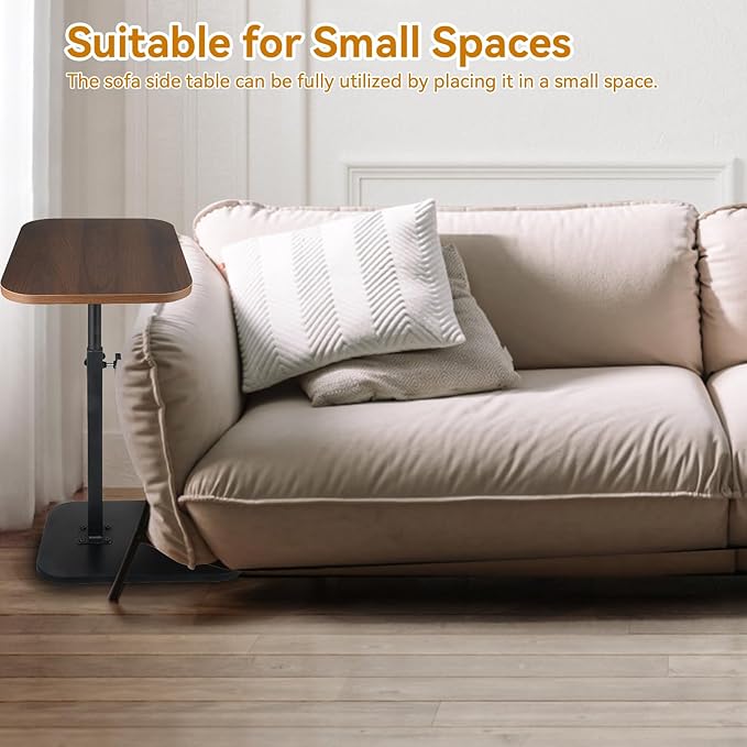 C Shaped End Table for Couch Sofa, 360° Swivel Height Adjustable TV Tray for Small Spaces,Livingroom Bedroom College Dorm Hospital(Walnut)