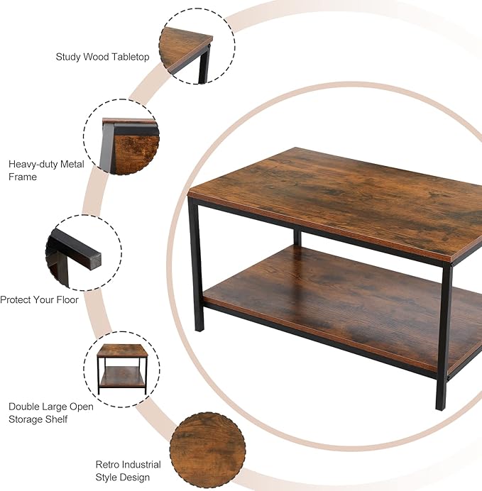 ZenStyle Industrial Coffee Table with Storage Shelf for Living Room, Wood Look Accent Furniture with Vintage Wooden Board Stable Metal Frame Cocktail Table 2-Tier Tea Table, Rustic Brown