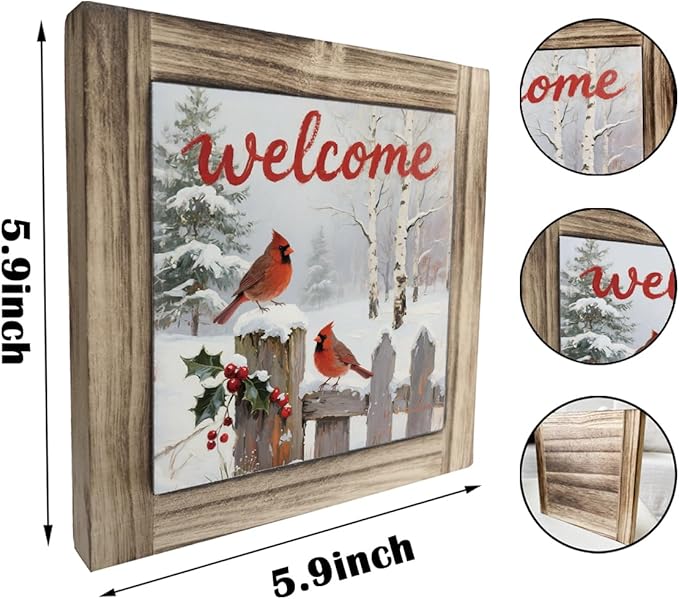 Christmas Welcome Sign, Cardinal Decors, Farmhouse Wooden Table Sign, Desk Decor Art, Winter Home Decor, Christmas Decoration for Home Office Cafe Bar Club, Front Door Porch Decors