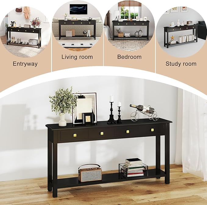 59.1 Inch Extra Long Console Table Black - Modern Entryway Table with Drawers & Storage, Narrow Sofa Table for Living Room
