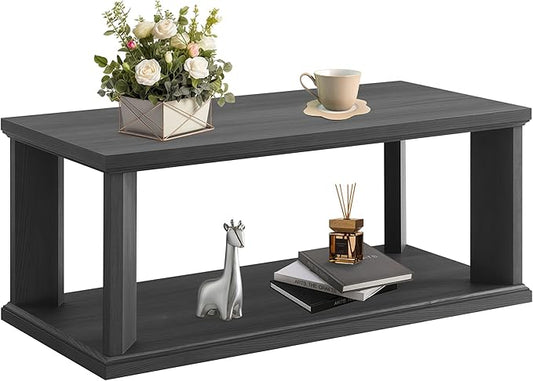 48“ Coffee Table, Wooden Center Table with 2 Tier Storage Shelves, Rectangular Living Room Table Modern Farmhouse Coffee Table for Living Room, Home Office, Bedroom, Apartment, Dark Grey