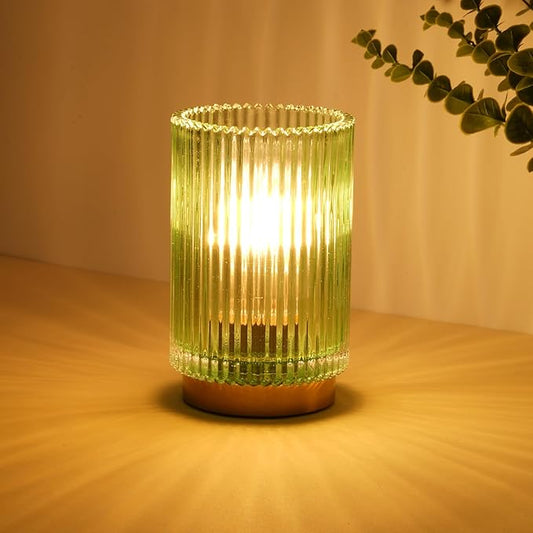 Battery Operated Lamp, Cordless Table Lamp with Timer, Desk Bedside Lamps with LED Warm Light, Glass Small Table Lamp for Bedroom, Bathroom, Living Room, Home Decor - Green