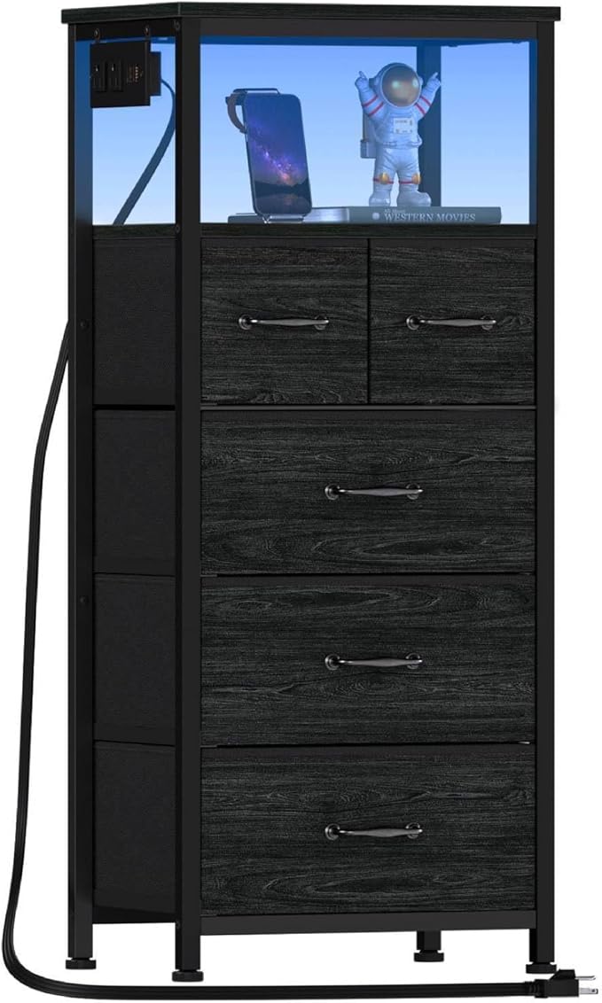 Furnulem Dresser for Bedroom, Tall Nightstand, Vertical Chest with Wood Top, Charging Station, LED Lights, 5 Fabric Bins, Bedside Table with Shelf, Furniture for Entryway (5 Drawer, Black Oak)