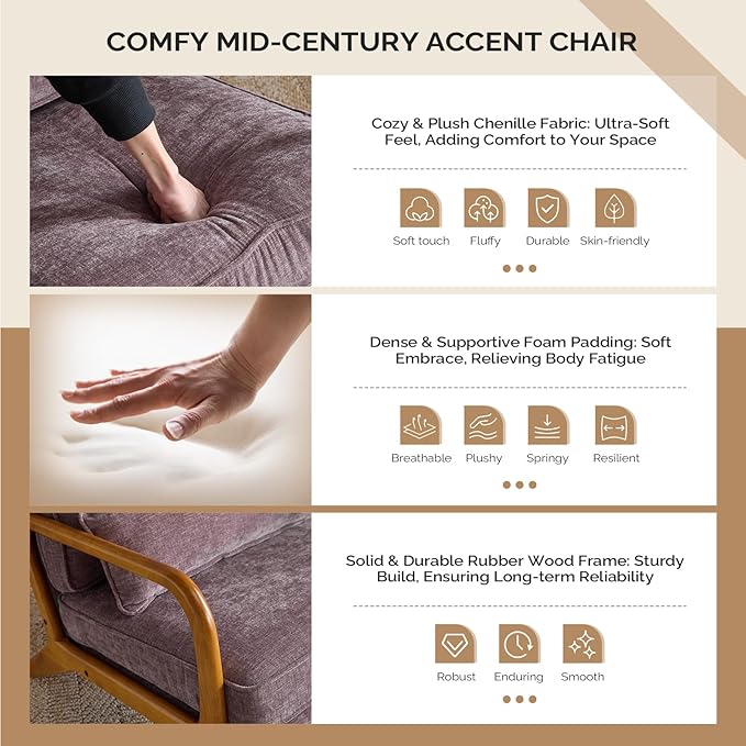 VINGLI Chenille Mid-Century Modern Accent Chair Set of 2, Cute Reading Arm Chair with Cushion & Lumbar Pillow & Solid Wood Frame for Lounge, Living Room, Reading Room, Bedroom, Light Purple