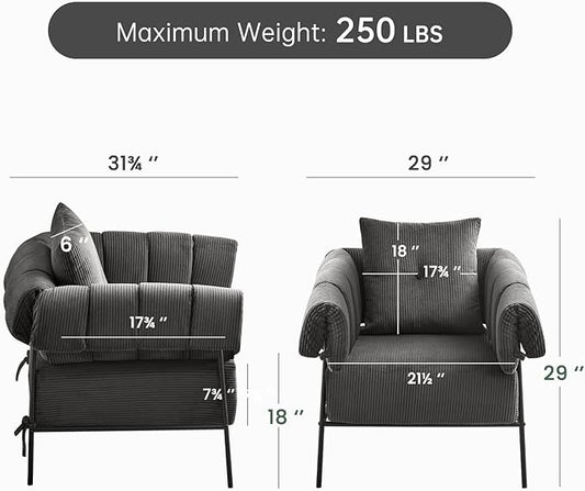 Furniliving Comfy Accent Chairs Modern Chairs for Bedroom with Pillow Lounge Chair Reading Chair with Metal Frame Upholstered Accent Chairs for Living Room Side Chair, Soft Cushion, Corduroy, Grey