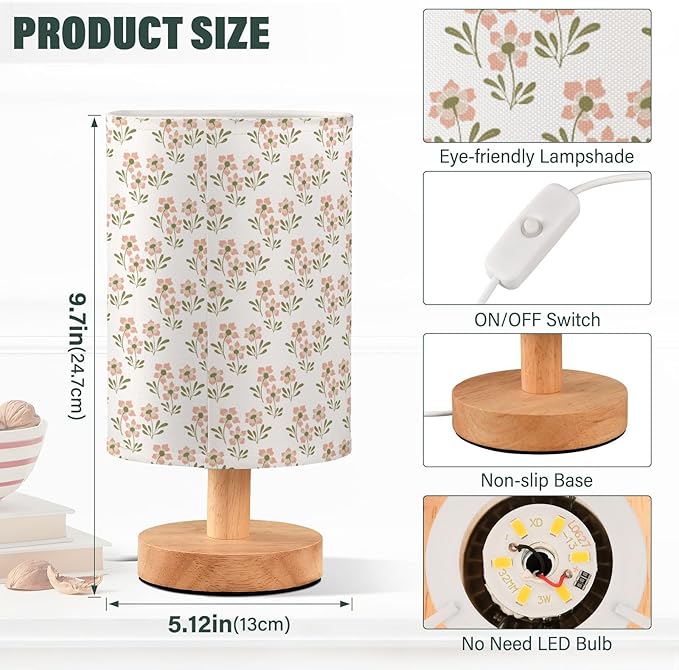 Small Table Lamp for Bedroom Bedside Nightstand with Wire Switch Desk Lamps Linen Fabric Shade Flower Print(Light Pink)