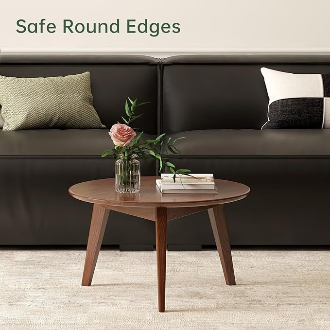 100% Solid Oak Wood Mini Coffee Table, Round Cofffe Tables Side Table w/Solid Wood Legs, Walnut Mid Century Table for Bedroom Balcony Living Room (23.62" D x 13.78" H)