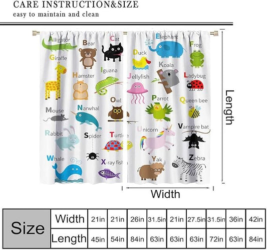 Alphabet Curtains, Cute Cartoon Animals Pattern Blackout Print Window Drapes for Bedroom Living Room 42x45 Inch