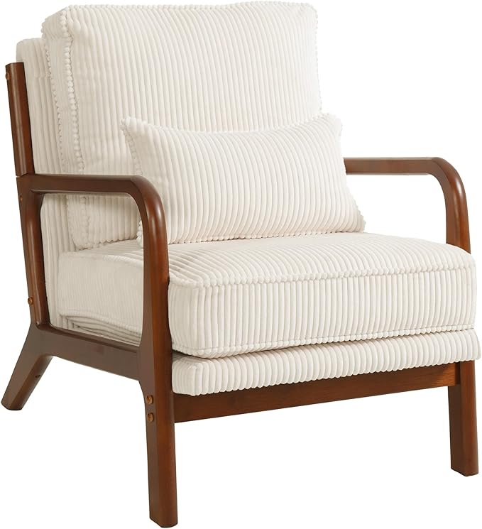 FLEXISPOT AC1 Mid Century Modern Accent Chair, Corduroy Upholstered Armchair with Lumbar Pillow & Thickened Backrest, Comfy Reading Chair with Wood Frame for Living Room, Bedroom, Balcony (White)