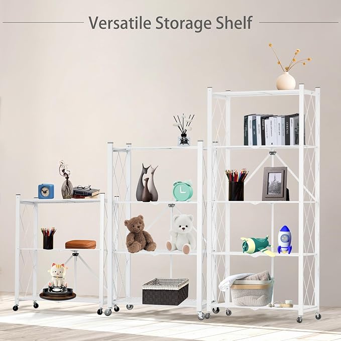 3 Tier Foldable Storage Shelf with Wheels, Heavy Duty Garage Shelving Unit Loads 550 LBS, Metal Steel Collapsible Shelves, Rolling Standing Utility Rack for Kitchen, Pantry, Office, White