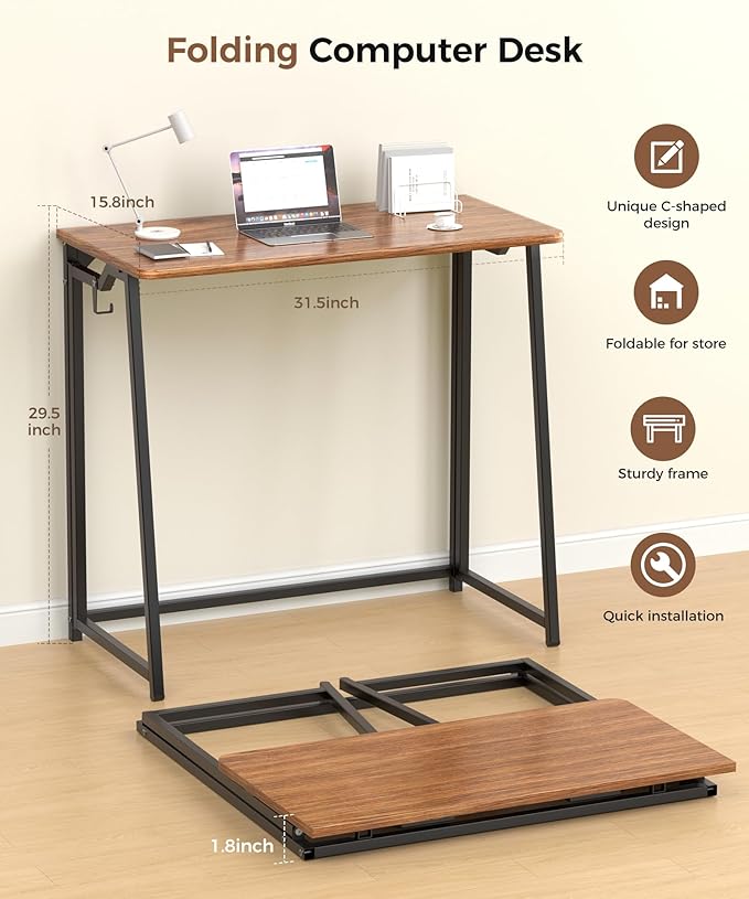 Folding Desk Small Foldable Desk for Small Space, 31.5 Inches Writing Computer Desks in Study, Home Office Foldable Office Desks for Bedroom, Rustic