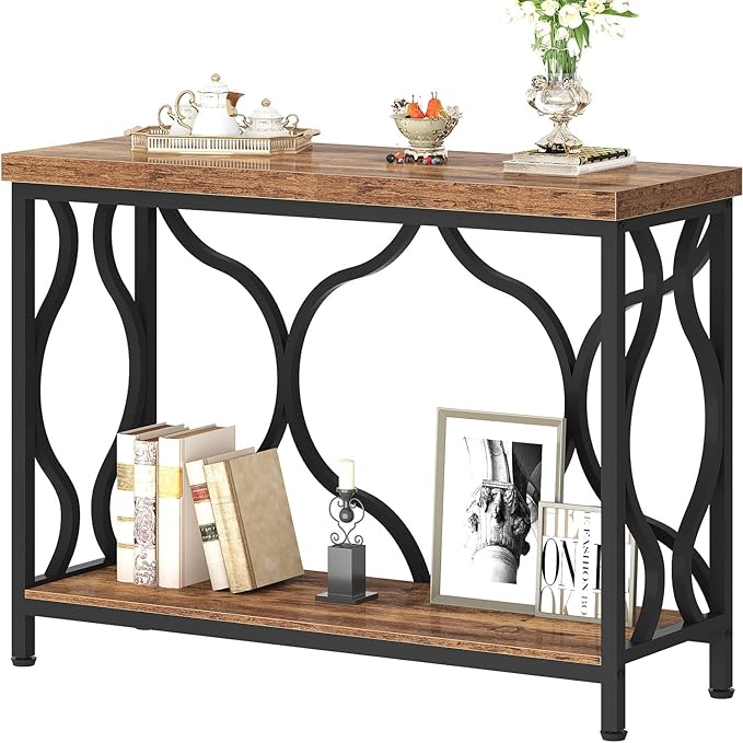 IBF 39.4" Narrow Console Table, Farmhouse Entryway Table in Living Room Hallway Foyer Entrance, Industrial Wood Metal Sofa Table Entry way Behind Couch Tables with 2-Tier Storage Shelves, Rustic Brown