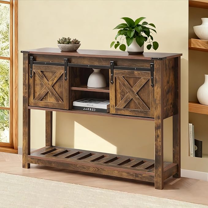 Entryway Table with Storage, Farmhouse Buffet Cabinet Coffee Bar Kitchen Island with Sliding Barn Doors & Shelves, Console Table for Kitchen, Dining Room, Living Room, Brown