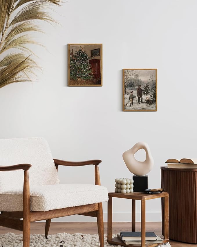 ARPEOTCY Vintage Framed Wall Art, 8x10in, Antique Winter Christmas Tree Canvas Wall Decor Paintings for Living Room, Rustic Country Holiday Prints for Bedroom Bathroom, Gifts