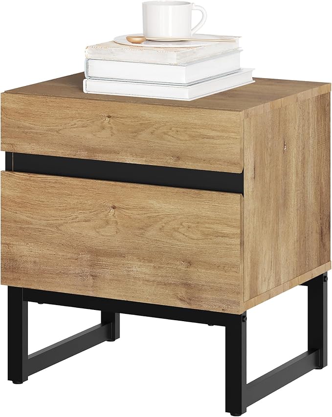 WAMPAT Modern End Table with 2 Drawers, Farmhouse Sofa Table, Wooden Rustic Side Sofa Table Metal Leg for Living Room, Nighstand for Bedroom, Oak