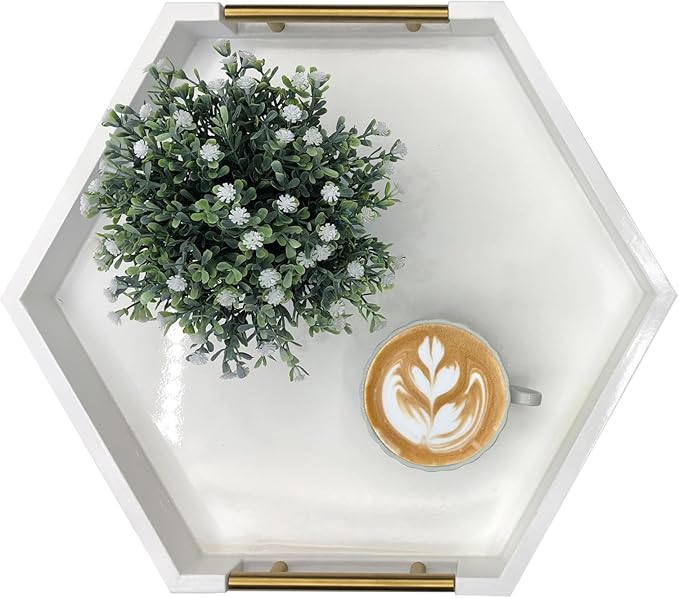 Serving Tray with Polished Metal Handles, Hexagon Coffee Table Tray, Modern Rectangle Decorative Tray, Large Ottoman Tray, Perfect for Storage and Display (White Hexagon)