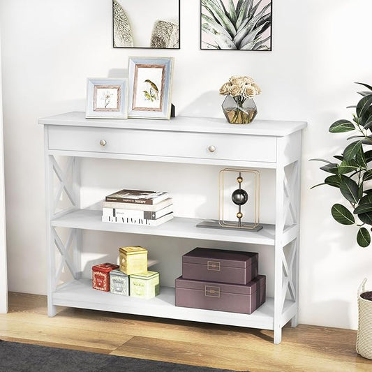 GOFLAME 39" Console Sofa Table with Drawers, 3-Tier Narrow Entry Table with Storage Shelves for Living Room Behind Couch, Entryway, Hallway (White)