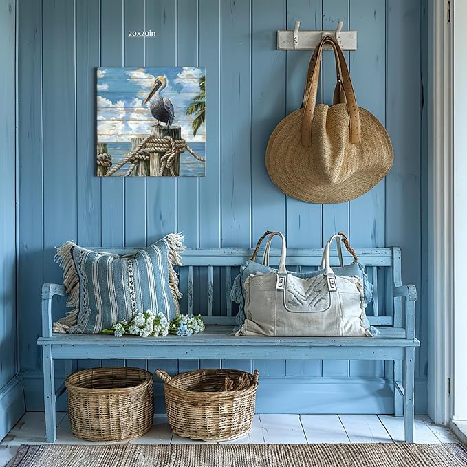 YUEYARIT Bathroom Decor pelican Wall Art Ocean Theme Blue sea Picture Canvas Print Modern Coastal Artwork Framed Hanging Dining Office Living Room