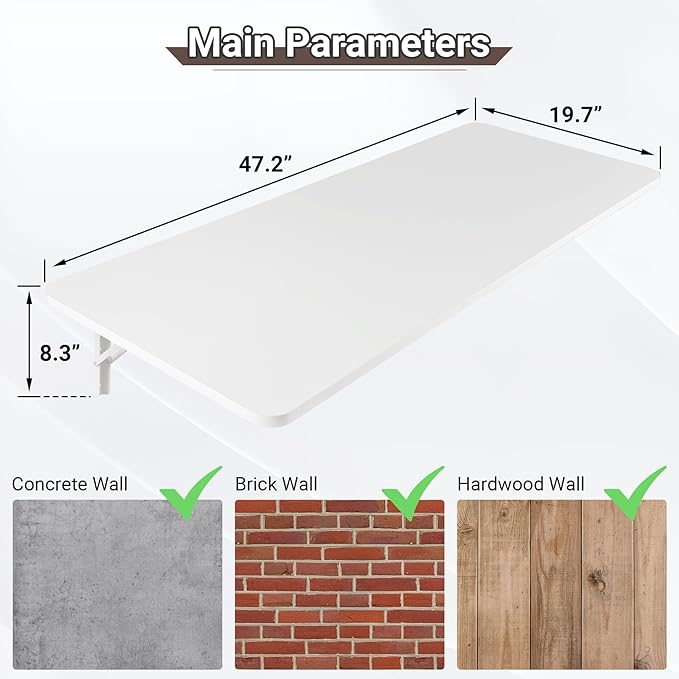 Wall Mounted Folding Table 47.2”L x 19.7”W, Laundry Folding Table with Heavy Duty Metal Collapsible Shelf Brackets, Wall Mounted Desk Fold Down for Small Spaces, White